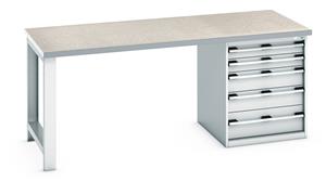 840mm High Benches Bott Bench 2000x900x840mm with Lino Top and 5 Drawer Cabinet